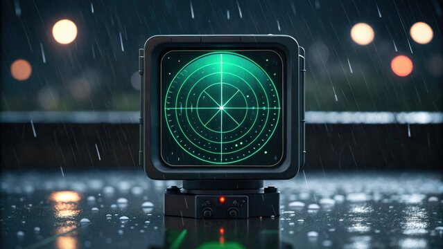 Cargo ship in storm, A radar device emits a green signal in a rainy environment, with blurred lights in the background, creating a moody atmosphere.