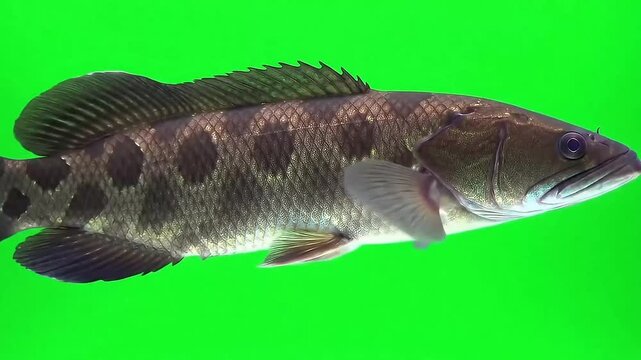 Exotic snakehead fish species swimming underwater against green screen background