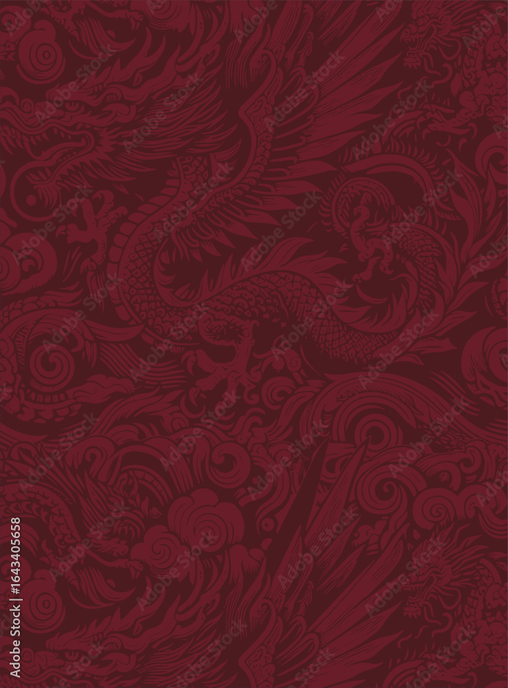 Poster the detailed burgundy-colored pattern of dragons and phoenixes in a complex artistic design, creatin