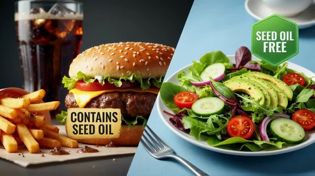 A split screen comparing a fast food meal with seed oil to a healthy salad labeled 'seed oil free', a concept for dietary choices, nutrition, and the food debate