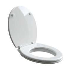 Clean white toilet seat with open lid isolated on white background, used in bathrooms for hygiene and sanitation purposes.
