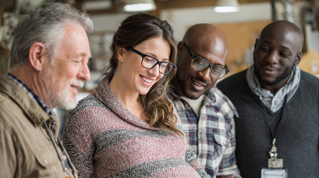 Close-up of 4 multiracial coworkers, one person is older with gray hair, two other young but balding black people and next to them standing a pregnant woman - Powered by Adobe