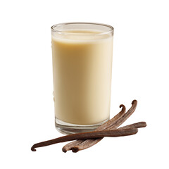 Refreshing glass of vanilla-flavored milk with whole vanilla pods beside it, isolated on white background, representing sweet creamy beverages.
