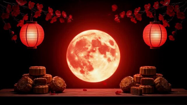 Animation of a festive Mid-Autumn Festival scene with mooncakes and glowing red lanterns under a large harvest moon, celebrating Asian cultural traditions and family reunions