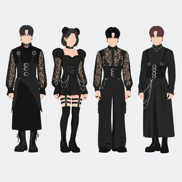 Four stylized figures in black, showcasing alternative fashion with intricate details and accessories.