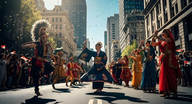 A vibrant street parade features dancers in colorful costumes, celebrating culture amidst confetti and cheering crowds in a city setting. - Powered by Adobe
