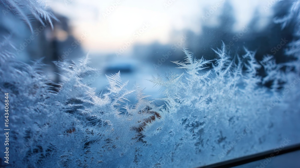 Poster closeup of frost patterns on cold window with soft blue background creating a winter abstract textur