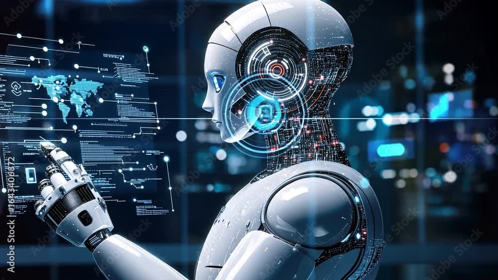 Poster futuristic robot showcasing advanced technology and artificial intelligence in modern digital enviro