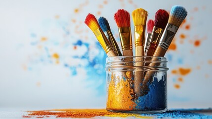 Fototapeta premium Colorful paintbrushes in a glass jar on a painted background.