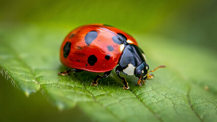 Fototapeta premium Colorful ladybug resting on a vibrant green leaf inside a glass jar terrarium