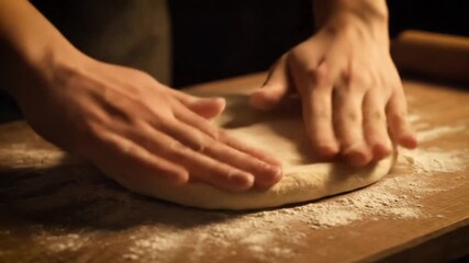 Skilled Hands Kneading and Shaping Homemade Bread Dough on a Floured Wooden Surface.