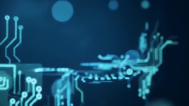 Abstract image of illuminated blue circuit board patterns with glowing orbs, suggesting technology, data, and connectivity.
