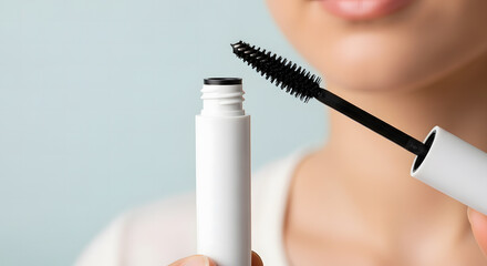 Close-up view of a person holding an open mascara tube with the wand pulled out, ready for eye makeup application, emphasizing the cosmetic product and daily beauty routine for enhanced eyelashes.