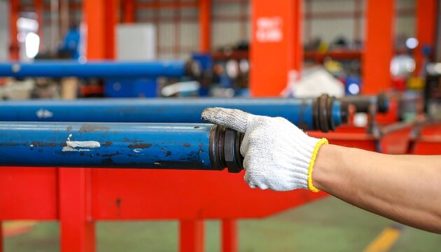 Worker inspects blue hydraulic cylinders