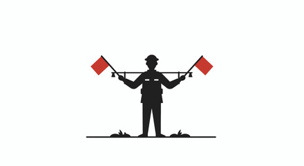 Construction worker holding red flags signaling safety, perfect for construction or traffic control safety needs