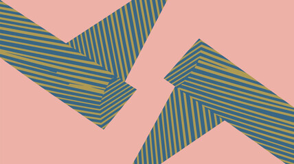 Abstract geometric shapes with blue and yellow stripes on a light pink background creating patterns