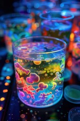Intricate macro close-up of colorful microbial cultures within a petri dish, forming abstract artistic patterns with soft, glowing spot lighting.