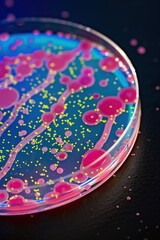 Vivid macro photography captures a petri dish of colorful microbial cultures forming intricate artistic patterns with soft, glowing spot lighting.