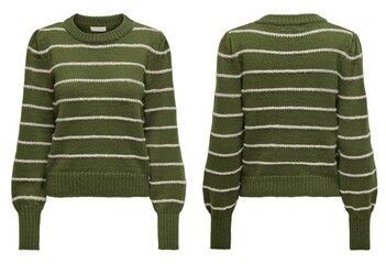 Woman in striped sweater front and back isolated on white background