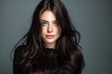 A young brunette model with long dark hair and elegant makeup looks at the camera in a studio
