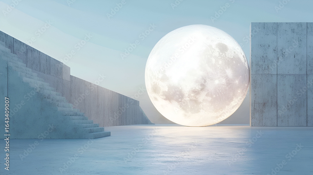 Poster a luminous sphere illuminates a minimalist architectural space with concrete structures and stairs, 
