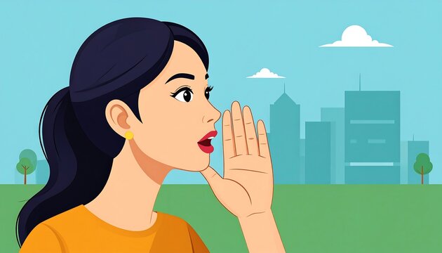 Woman whispering against city backdrop