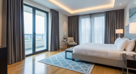 A modern bedroom with a large bed, curtains, a rug, and a balcony with an ocean view outside the window