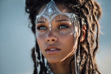A glamourous Black woman with dreadlocks and a stylish winter hat is looking at the camera in a studio portrait, showing off her makeup and beauty