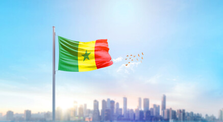 Senegal national flag waving with skyline and buildings. Senegal national flag for independence day.