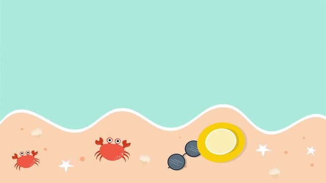 Walking crabs on wavy beach shore with floating tube and yellow summer ball