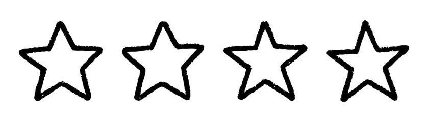 Hand-drawn outline of four empty stars in a row, symbolizing ratings or reviews, perfect for feedback and rating systems.