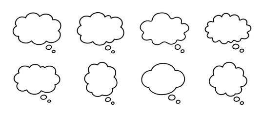 A set of 8 outlined speech bubbles with a cloud-like shape, ideal for representing thoughts, ideas, or communication in designs