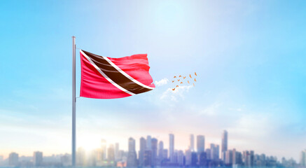Trinidad and Tobago national flag waving with skyline and buildings. Trinidad and Tobago national flag for independence day.