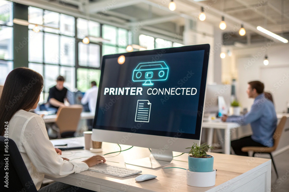 Poster woman working at computer with printer connected message on screen in modern office