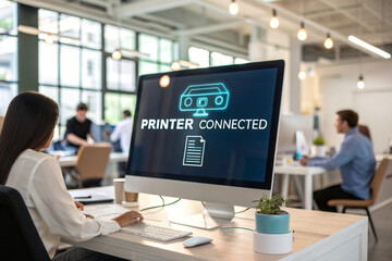 Woman working at computer with printer connected message on screen in modern office