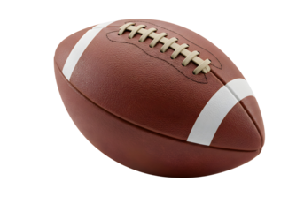 Close-up of a brown soccer ball with white stripes, isolated on a transparent background, taken in a studio.