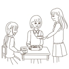 女子学生がお弁当を見せ合っている線画イラスト