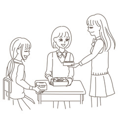 女子学生がお弁当を見せ合っている線画イラスト