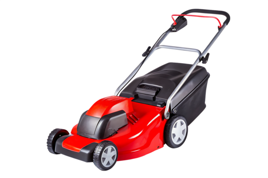 Red electric lawn mower with grass catcher isolated on a transparent background wheels - Powered by Adobe