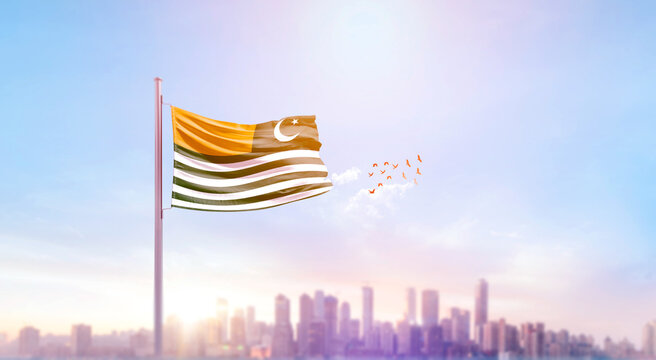 Kashmir national flag waving with skyline and buildings. 5th febuary Kashmir national flag for solidarity day.
