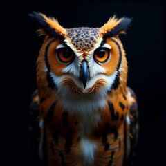 Obraz premium Close-up of a regal owl with striking orange and black feathers against a dark background. The owl's intense gaze creates a mysterious and captivating mood.
