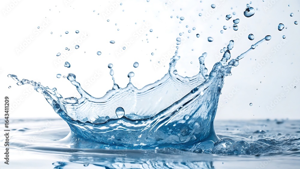 Poster dynamic water splash with droplets and ripples creating a crown shape against a bright white backgro