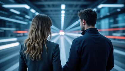 Man and woman in illuminated transit hub. Use for public safety, cyber awareness, secure technology and identity protection campaigns.