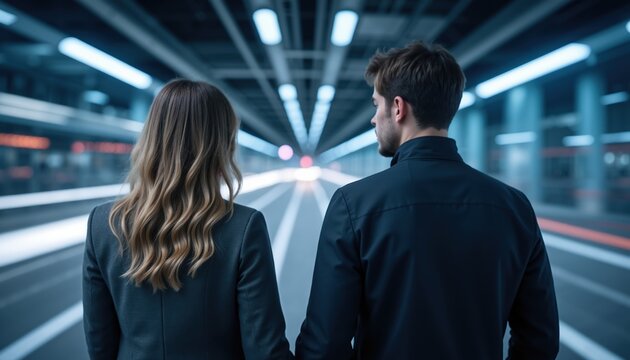 Couple waiting in advanced train station. Use for cybercrime prevention, travel safety, identity protection and technology branding.
 - Powered by Adobe