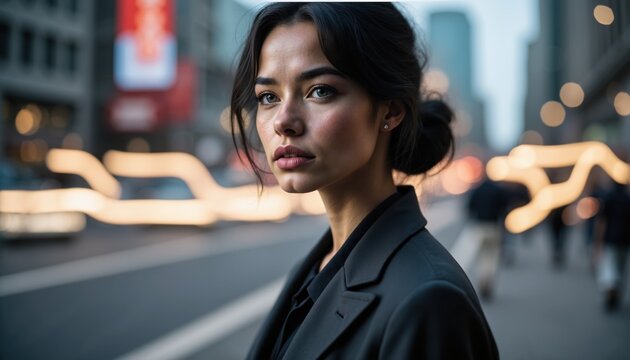 Confident woman in dark blazer on city street at dusk. Use for digital identity protection, cybersecurity awareness, personal branding, and online privacy campaigns.
 - Powered by Adobe