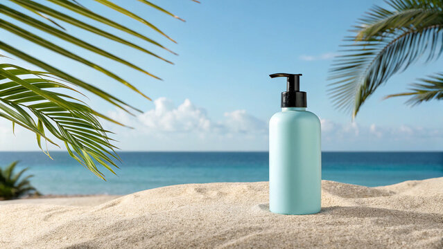 Invigorating turquoise lotion bottle rests on pristine sand with lush palm leaves framing a serene ocean backdrop, perfect for summer skincare advertising and tropical wellness campaigns