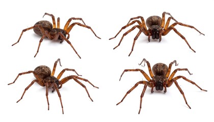 Isolated collection featuring four menacing spiders with brown bodies and spindly legs