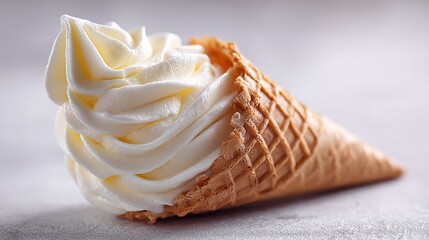Delightful swirl of creamy vanilla soft serve ice cream in a crunchy waffle cone