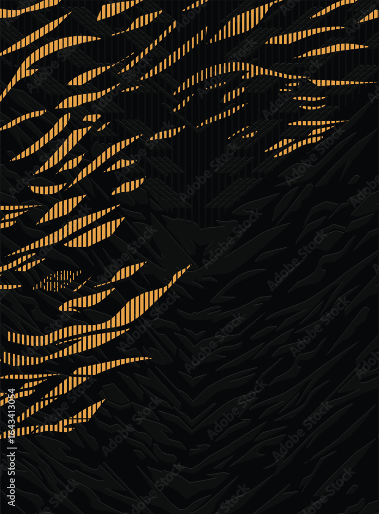 Poster a dark abstract design featuring a complex interplay of textured shapes and patterns, presenting a m