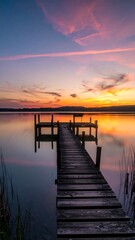 Fototapeta premium Sunset lakeside pier reflection